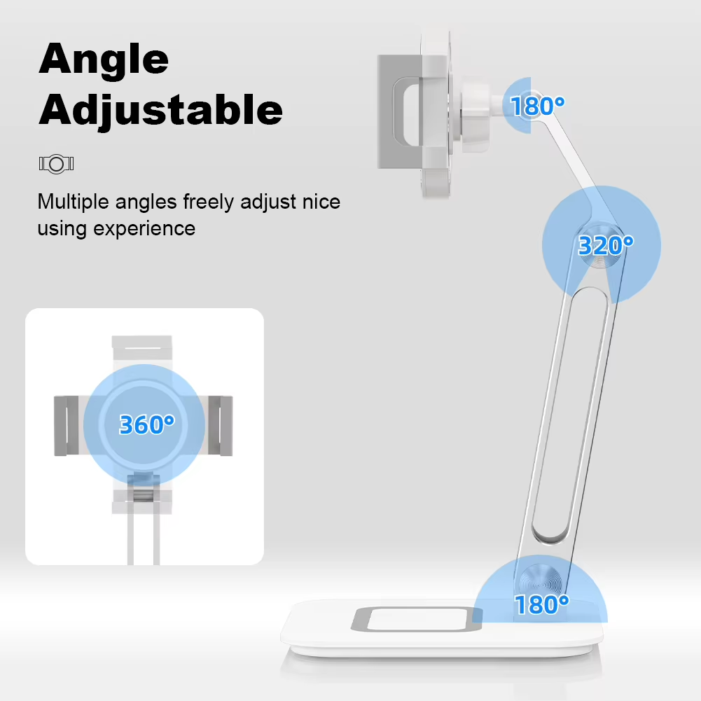 Adjustable desk lamp infographic showing multiple angle settings: 180 degrees for the head, 320 degrees for the arm, and 360 degrees for the base, with text reading 'Angle Adjustable' on a light gray background.